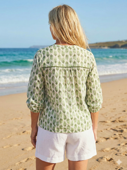 green block printed womens blouse with tassels
