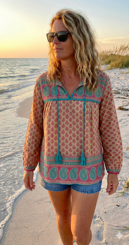 indian screen print blouse with blue paisley motifs and long sleeves