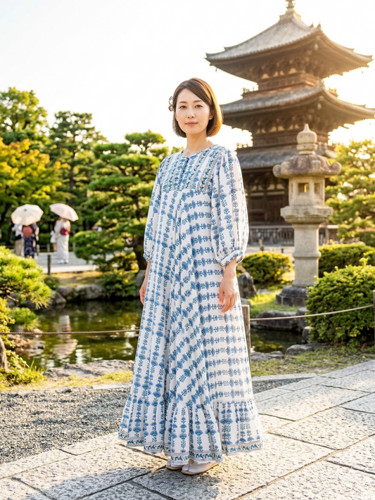 Blue Floral Block Print Cotton Maxi Dress – Indian Boho Puff Sleeve Summer Dress