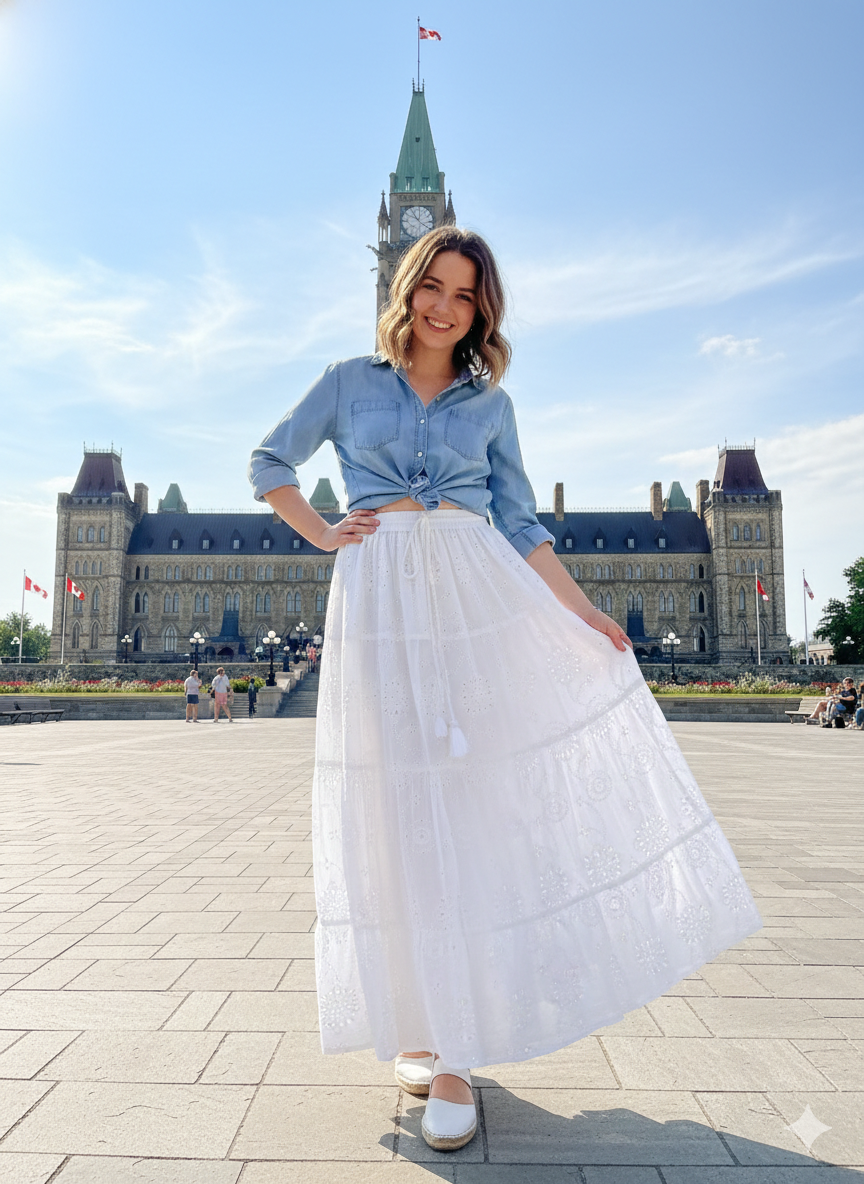 White Eyelet Cotton Maxi Skirt – Tiered Boho Elastic Waist Summer Skirt
