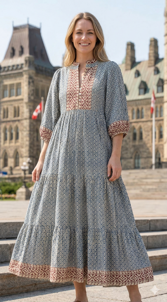 Indigo & Rust Geometric Block Print Cotton Maxi Dress – Indian Boho Tiered Dress