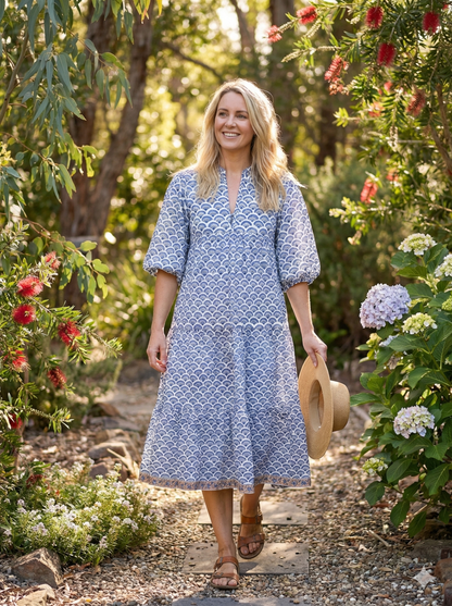 Indigo Hand Block Printed Cotton Midi Dress – Fan Motif Boho Puff Sleeve Dress