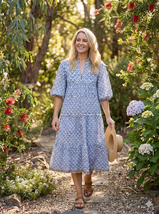 Indigo Hand Block Printed Cotton Midi Dress – Fan Motif Boho Puff Sleeve Dress