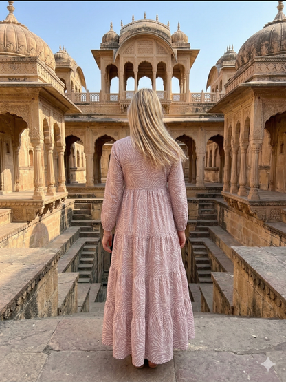 Blush Pink Zebra Print Cotton Maxi Dress – Tiered Boho Indian Style Tassel Tie Neck