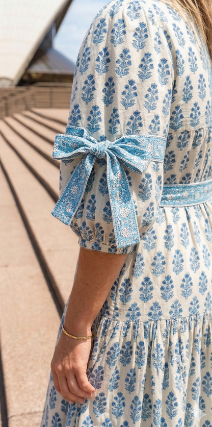 Cream Teal Floral Hand Block Print Cotton Maxi Dress – Boho Puff Sleeve Tiered Summer Dress