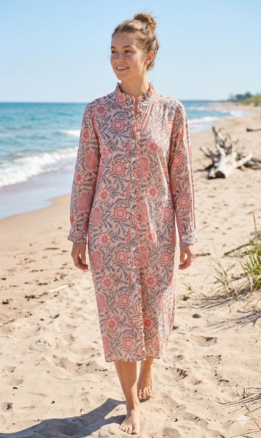 Beige Floral Hand Block Print Cotton Shirt Dress – Boho Button Down Tunic Dress with Ruffle Neck & Long Sleeves