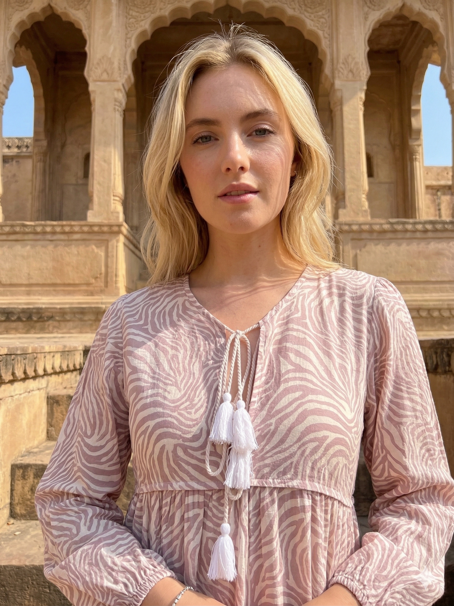 Blush Pink Zebra Print Cotton Maxi Dress – Tiered Boho Indian Style Tassel Tie Neck