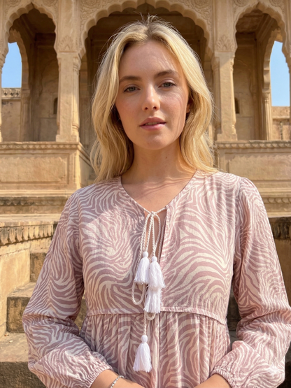 Blush Pink Zebra Print Cotton Maxi Dress – Tiered Boho Indian Style Tassel Tie Neck