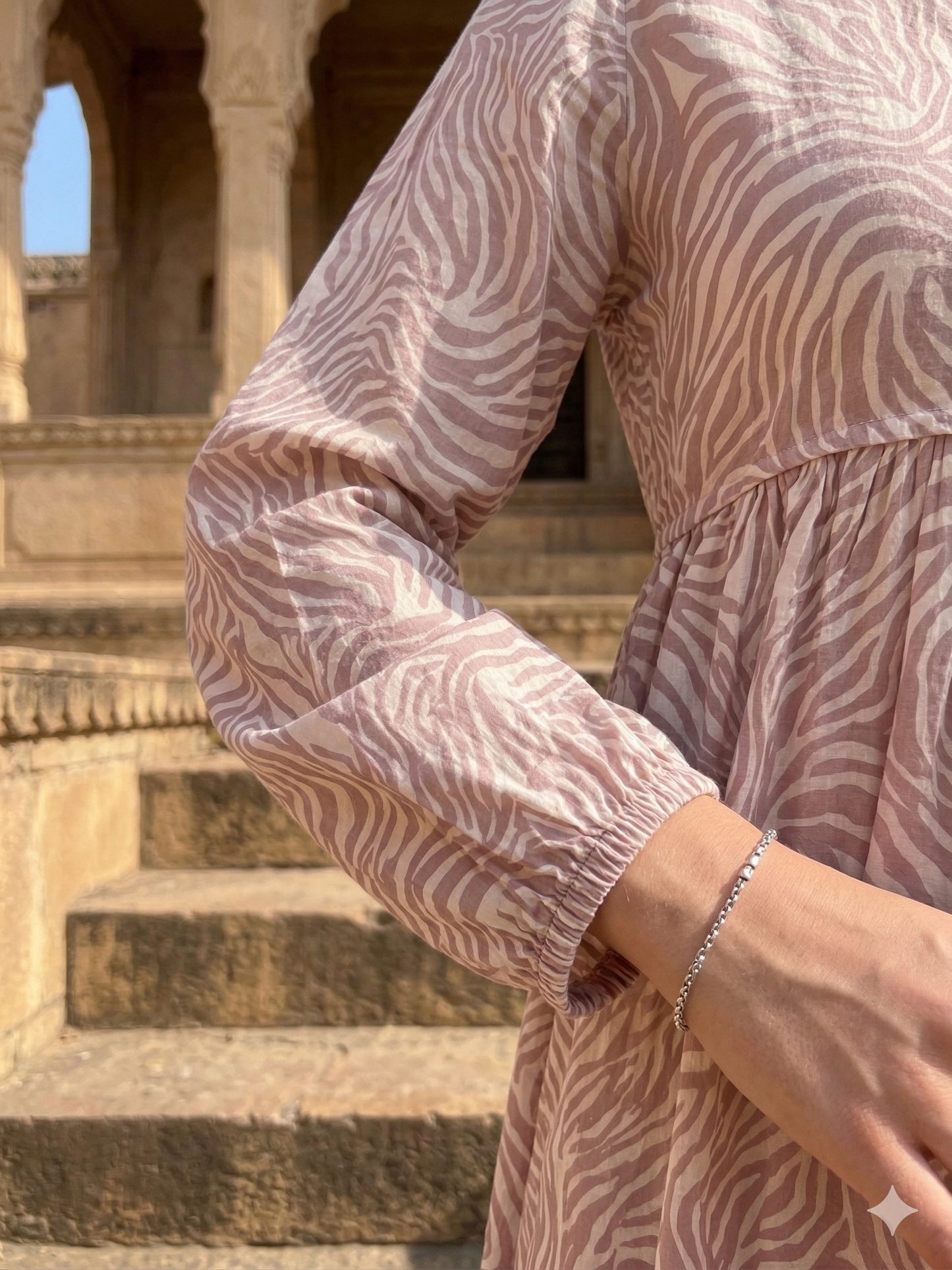 Blush Pink Zebra Print Cotton Maxi Dress – Tiered Boho Indian Style Tassel Tie Neck