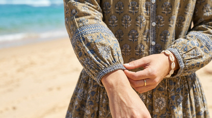 Olive Brown Floral Cotton Mini Dress – Hand Block Print Boho Tiered Style