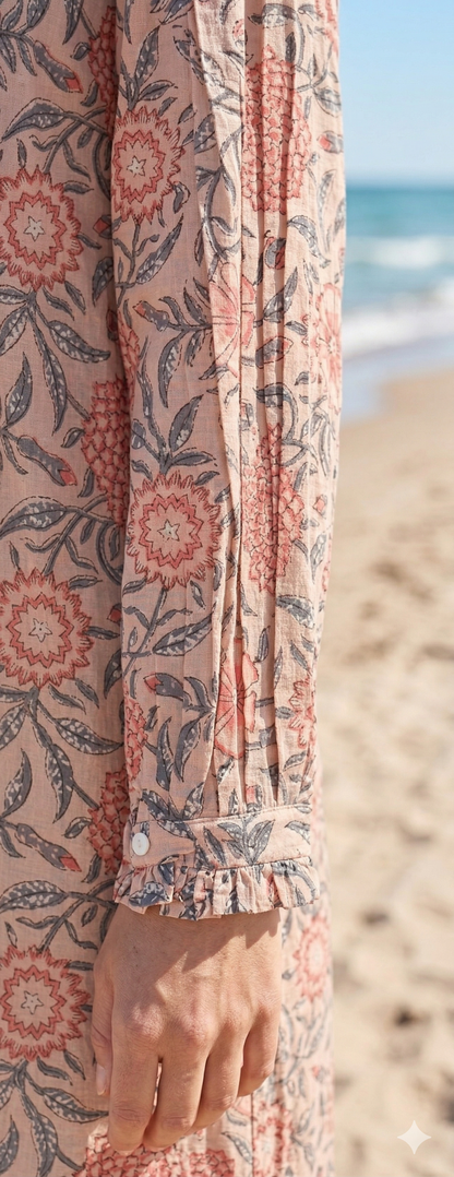 Beige Floral Hand Block Print Cotton Shirt Dress – Boho Button Down Tunic Dress with Ruffle Neck & Long Sleeves