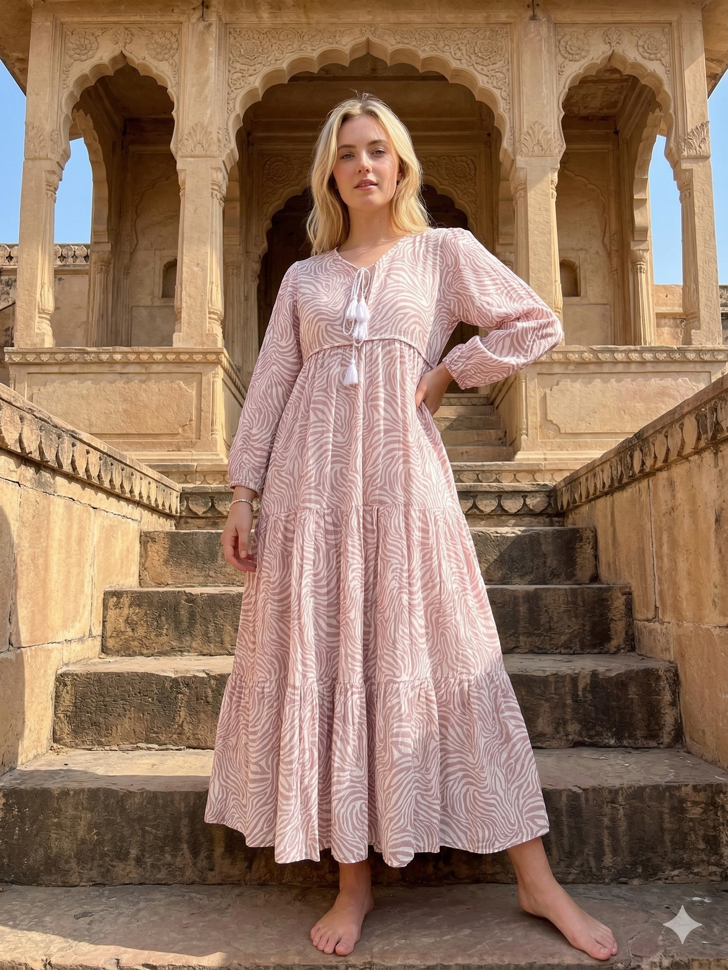 Blush Pink Zebra Print Cotton Maxi Dress – Tiered Boho Indian Style Tassel Tie Neck