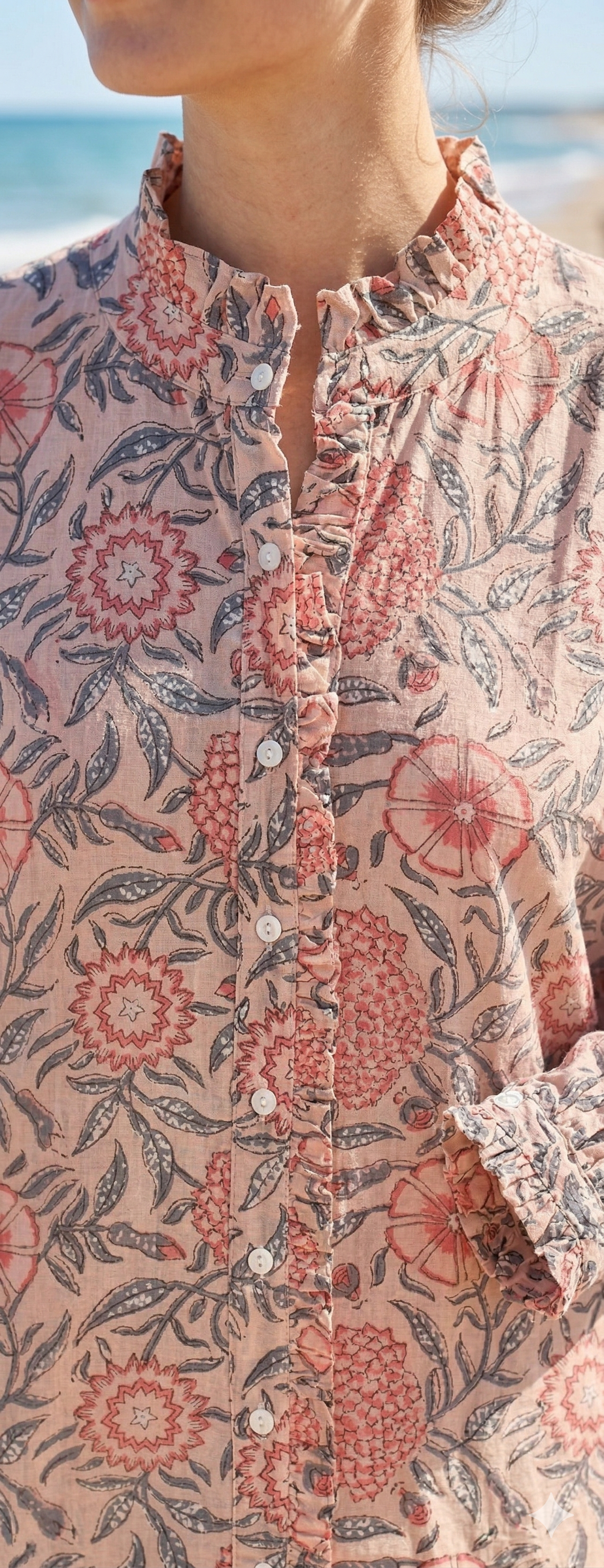 Beige Floral Hand Block Print Cotton Shirt Dress – Boho Button Down Tunic Dress with Ruffle Neck & Long Sleeves