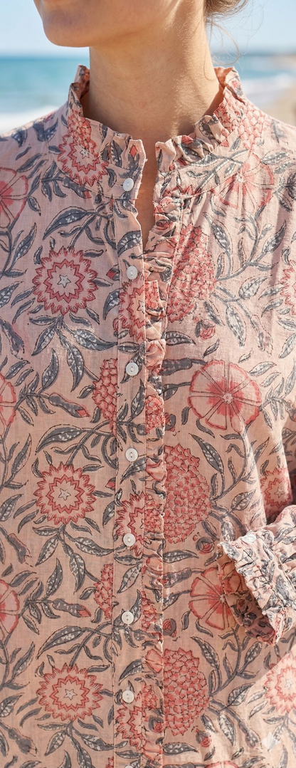 Beige Floral Hand Block Print Cotton Shirt Dress – Boho Button Down Tunic Dress with Ruffle Neck & Long Sleeves