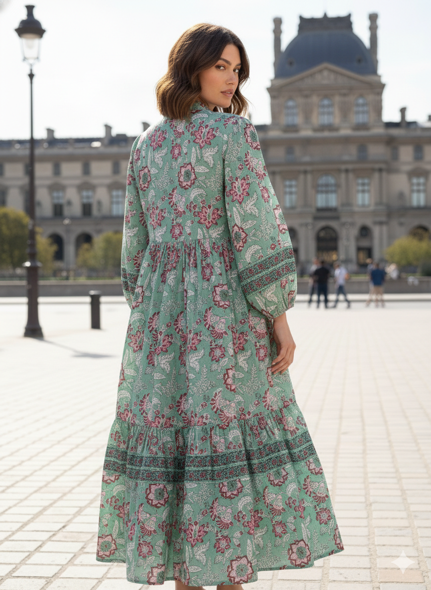 Sage Green Pink Floral Hand Block Printed Cotton Maxi Dress – Boho Tiered Long Sleeve Indian Dress
