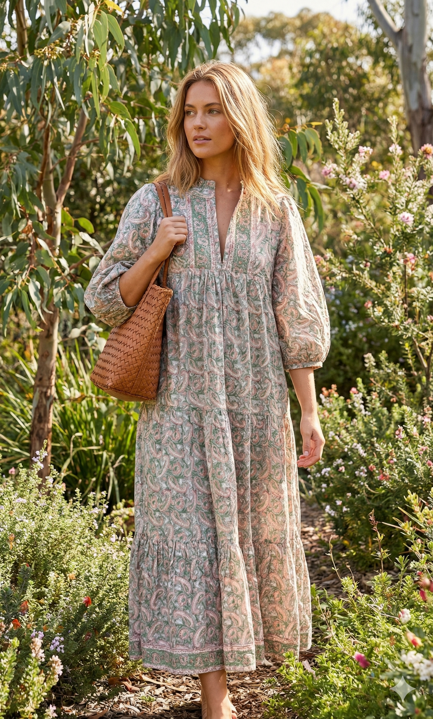 Sage Green Paisley Hand Block Printed Cotton Maxi Dress – Indian Boho Tiered Long Dress