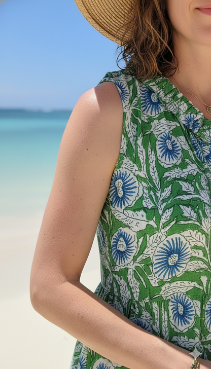 Green Floral Hand Block Printed Cotton Sleeveless Maxi Dress – Boho Tassel Tiered Dress