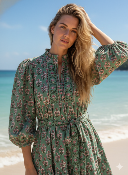 Sage Green Pink Floral Block Print Cotton Midi Dress – Boho Handmade Tiered Dress with Puff Sleeves & Contrast Yoke