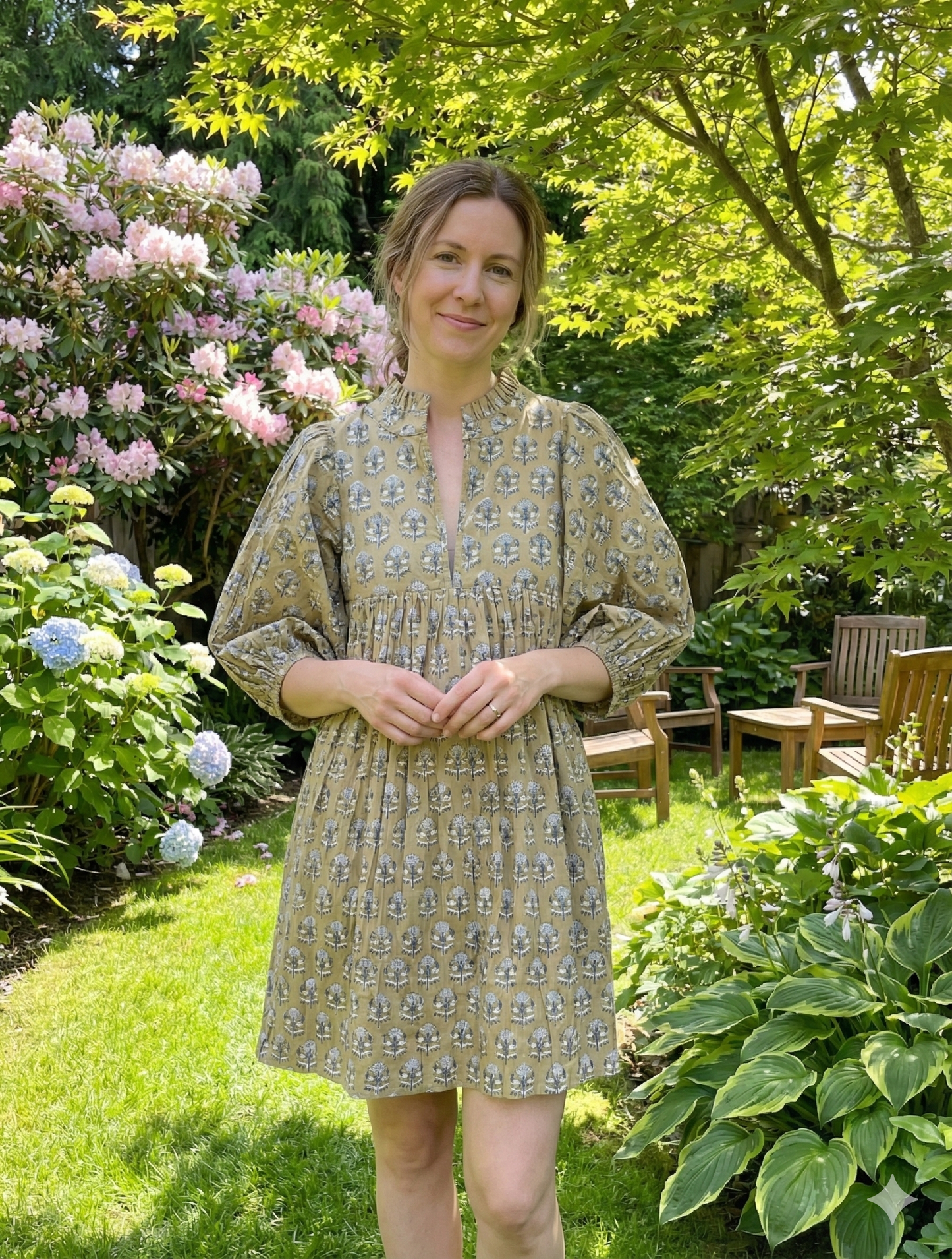 Olive Floral Hand Block Printed Cotton Mini Dress – Puff Sleeve Boho Summer Dress