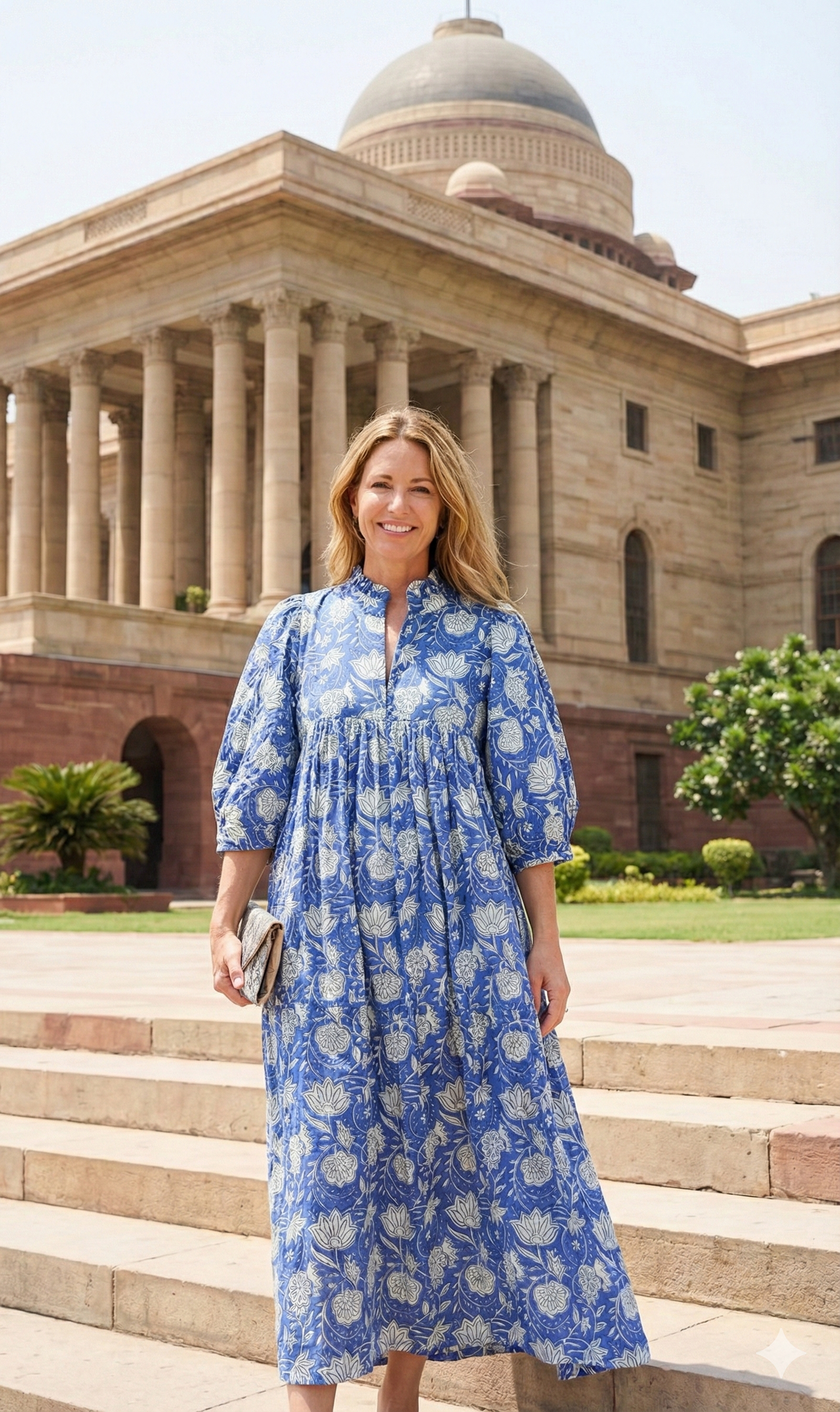 blue flower block printed women's maxi dress - cotton maxi dress with belt