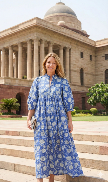 blue flower block printed women's maxi dress - cotton maxi dress with belt