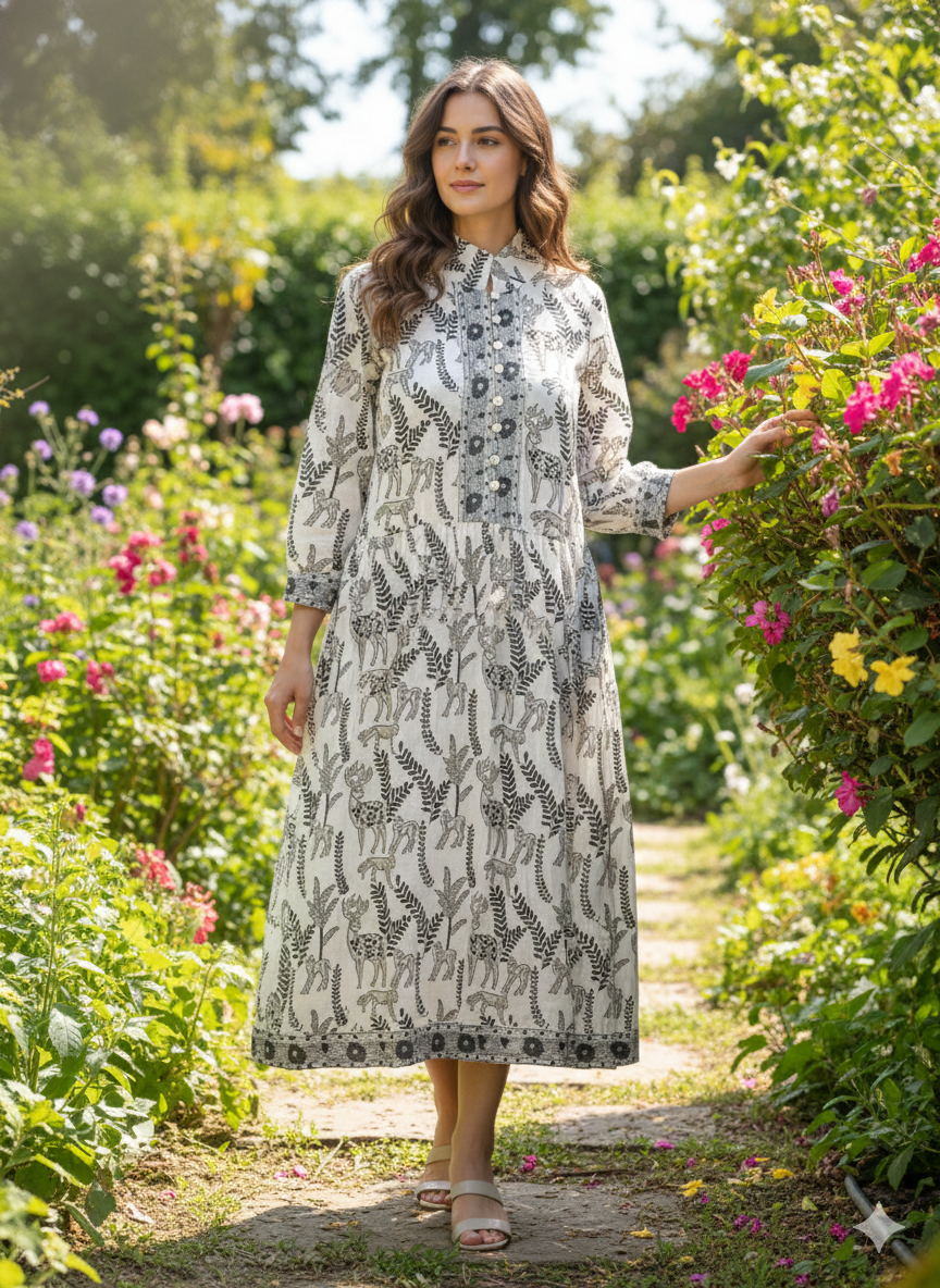 Grey Animal Print Hand Block Printed Cotton Maxi Dress – Bohemian Long Dress