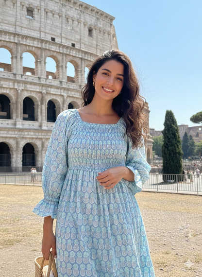 Blue Smocked Cotton Dress – Long Sleeve Floral Block Print Midi Dress