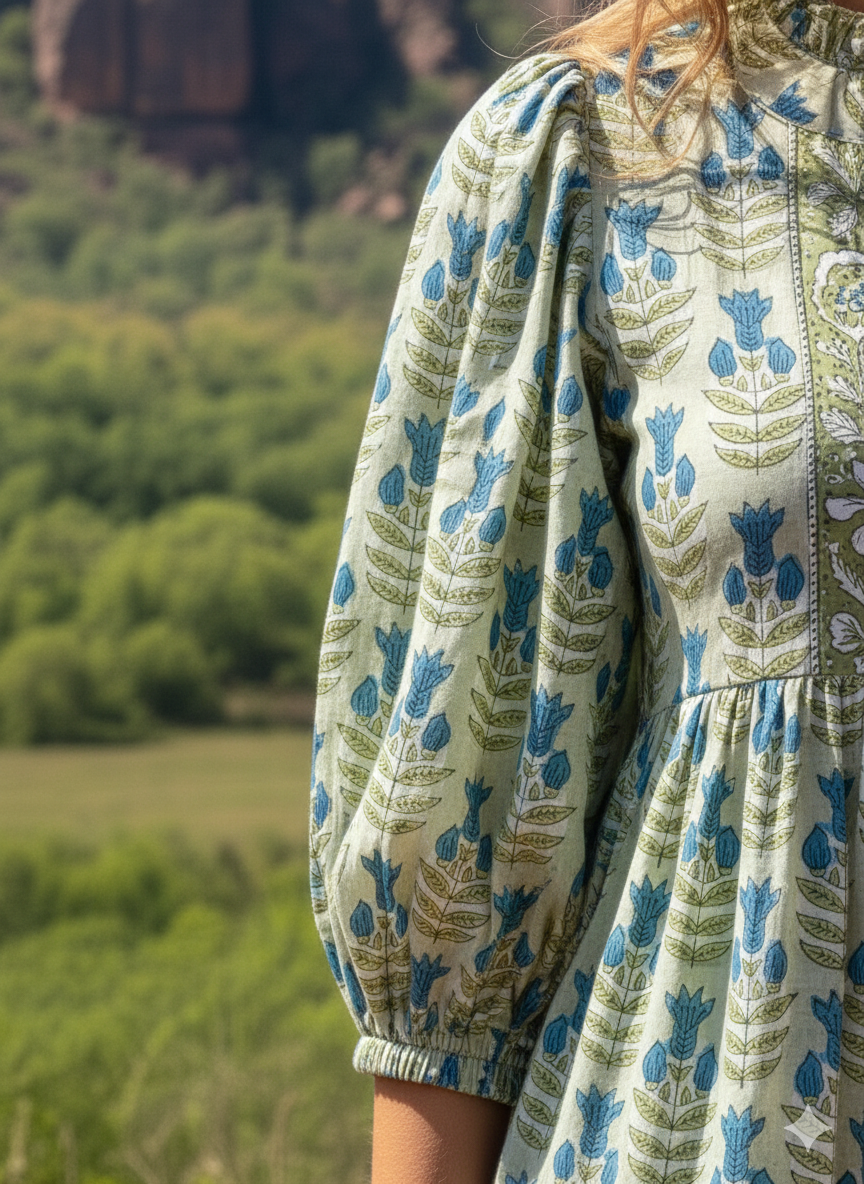 Sage Green Blue Floral Hand Block Printed Cotton Maxi Dress – Boho Tiered Indian Long Dress