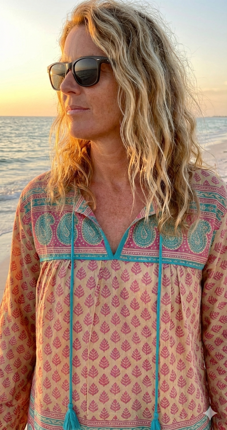 indian screen print blouse with blue paisley motifs and long sleeves