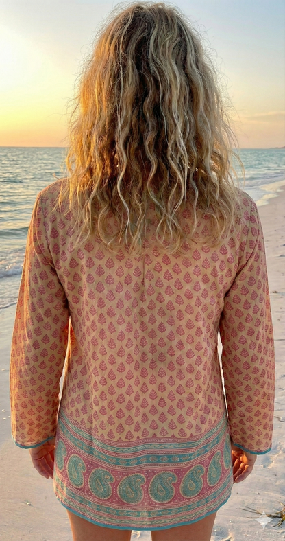 indian screen print blouse with blue paisley motifs and long sleeves