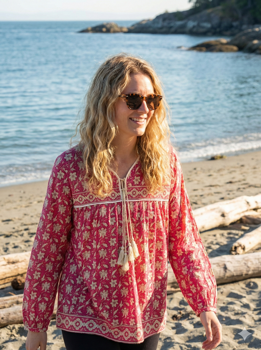 red floral womens blouse with off-white tassels