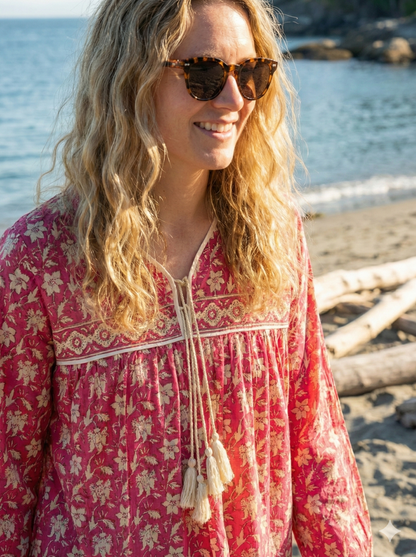 red floral womens blouse with off-white tassels
