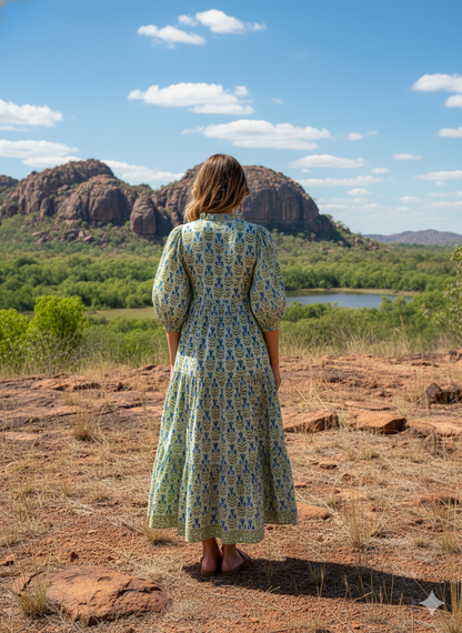 Sage Green Blue Floral Hand Block Printed Cotton Maxi Dress – Boho Tiered Indian Long Dress