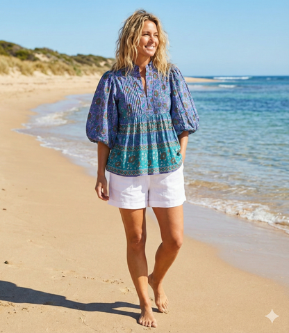 persian blue and sea green floral pattern blouse