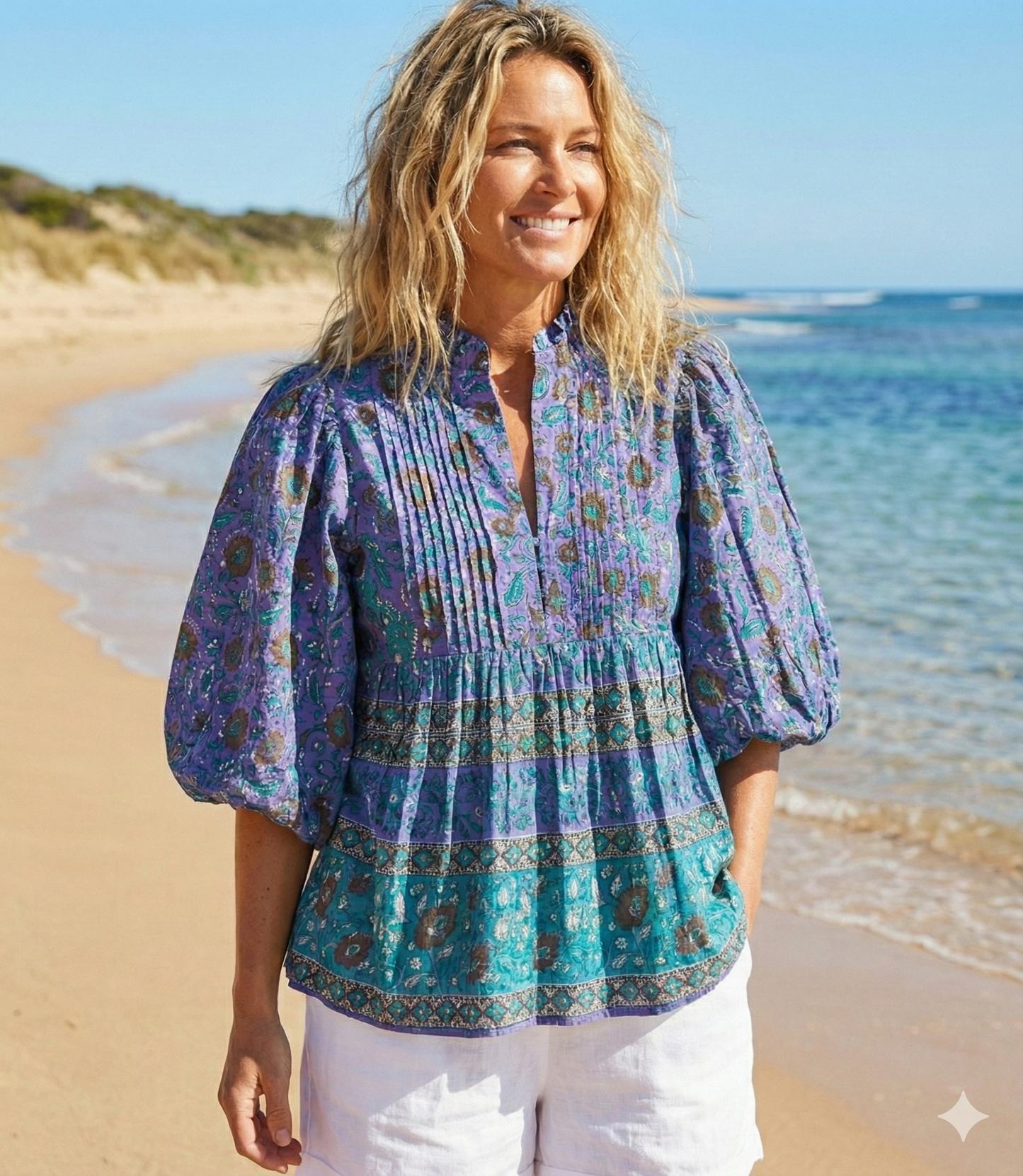 persian blue and sea green floral pattern blouse