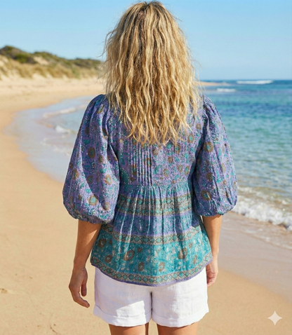persian blue and sea green floral pattern blouse
