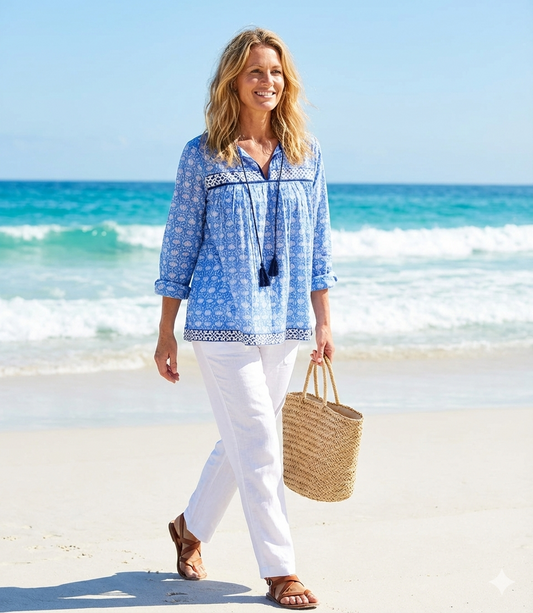 beautiful blue lotus print womens blouse with tassels