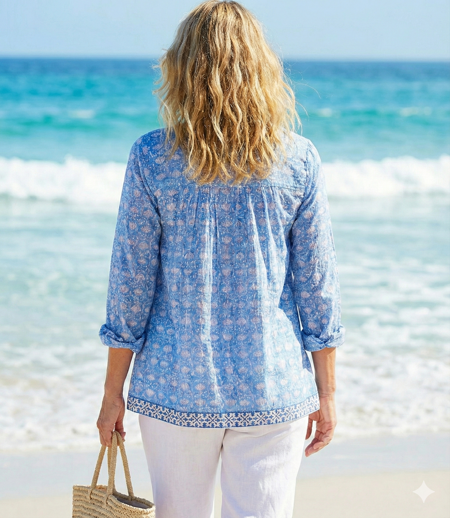 beautiful blue lotus print womens blouse with tassels