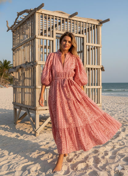 Pink Floral Stripe Hand Block Printed Cotton Maxi Dress – Boho Tiered Indian Long Dress