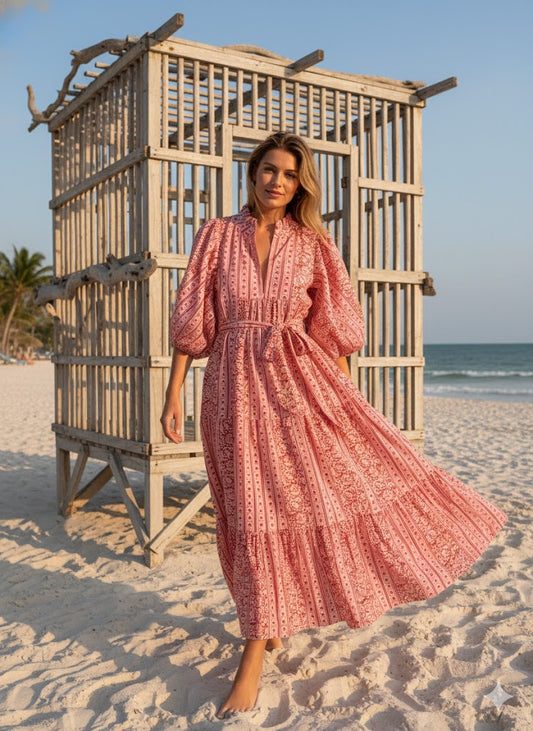 Pink Floral Stripe Hand Block Printed Cotton Maxi Dress – Boho Tiered Indian Long Dress