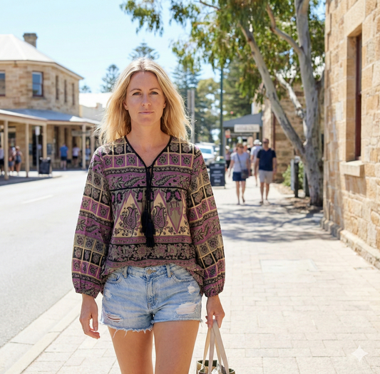 purple womens blouse with black and beige detailing