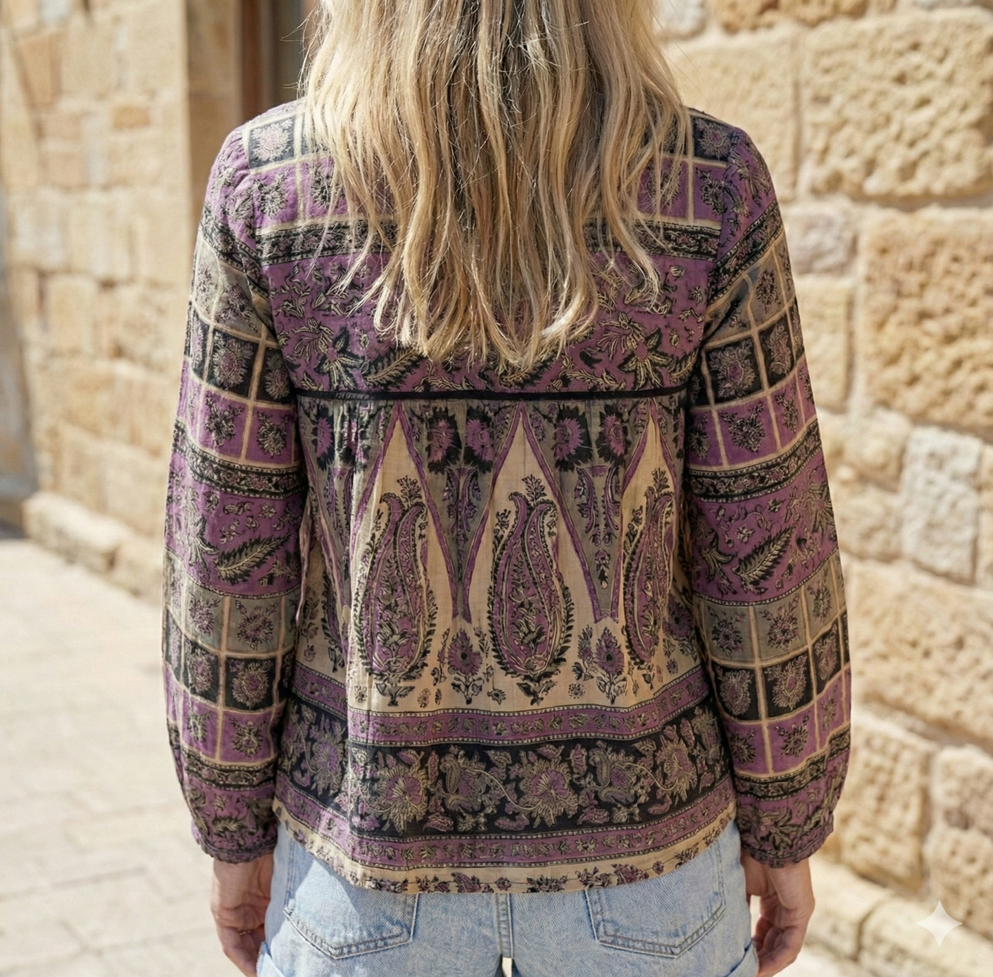 purple womens blouse with black and beige detailing
