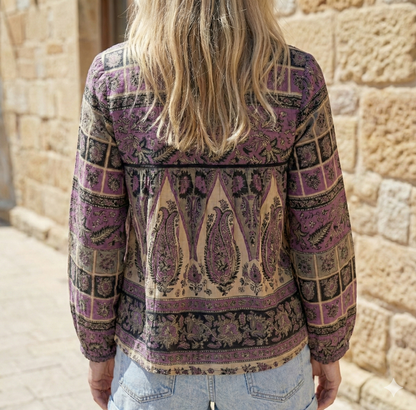 purple womens blouse with black and beige detailing