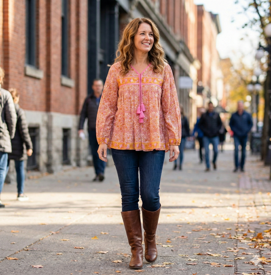 candy orange and pink floral screen printed blouse with tassels