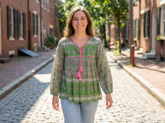 green and pink screen printed womens blouse with pink tassels