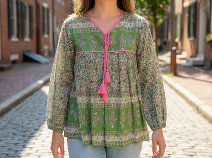 green and pink screen printed womens blouse with pink tassels