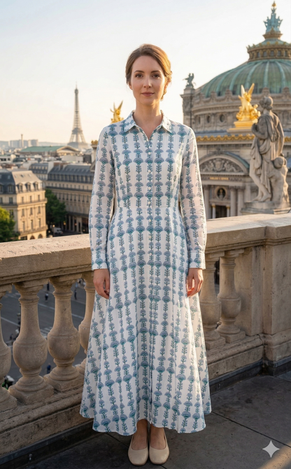 Cream Blue Floral Hand Block Print Cotton Maxi Dress – Boho Tiered Summer Style