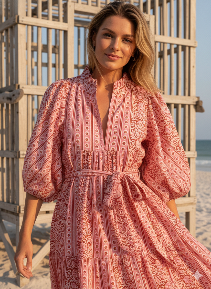 Pink Floral Stripe Hand Block Printed Cotton Maxi Dress – Boho Tiered Indian Long Dress