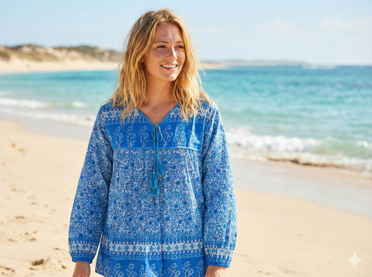 blue screen printed blouse for women