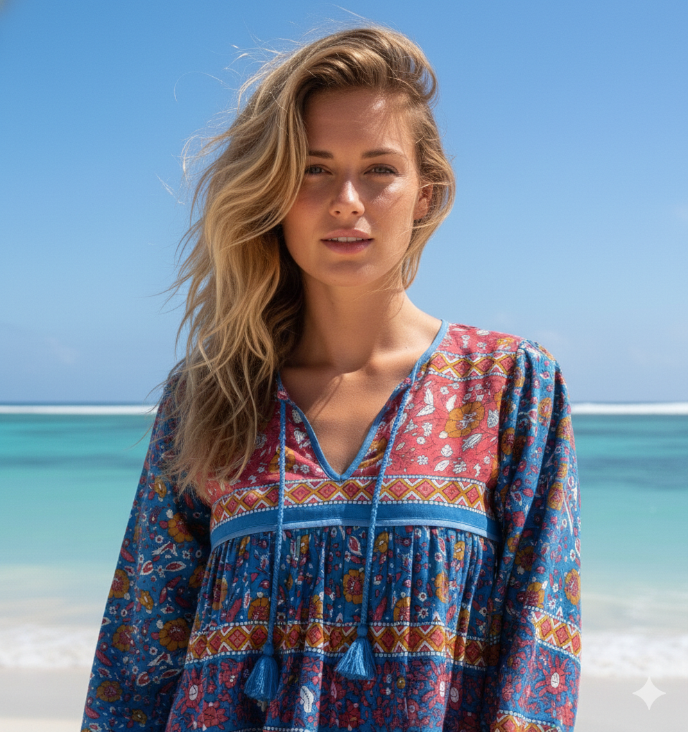 blue and red screen printed womens blouse